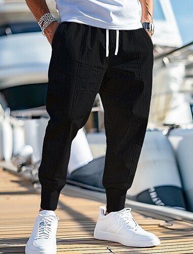  Herren Leinenhose Hose Hosen Sommerhosen Elastischer Ärmelbund Feste Farbe In voller Länge Outdoor Urlaub Heim Urlaub Modisch Schwarz Dunkelblau