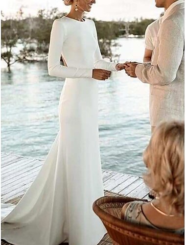  Hochzeitskleider Ballkleid U-Ausschnitt Langarm Kirchen Schleppe Satin Brautkleider Mit Plissee Gerafft 2025