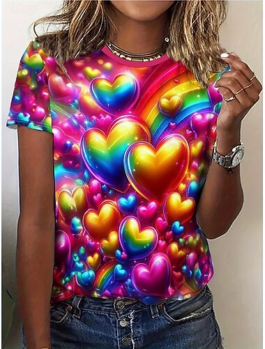  女性用 Tシャツ ハート カジュアル 半袖 ラウンドネック レギュラートップス 日常 プリント フクシャ 夏