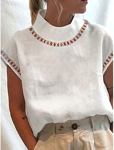  Dames Katoenen linnen overhemden Geklede topjes Elegant Mouwloos Strakke ronde hals Normale tops Wit Zomer Lente