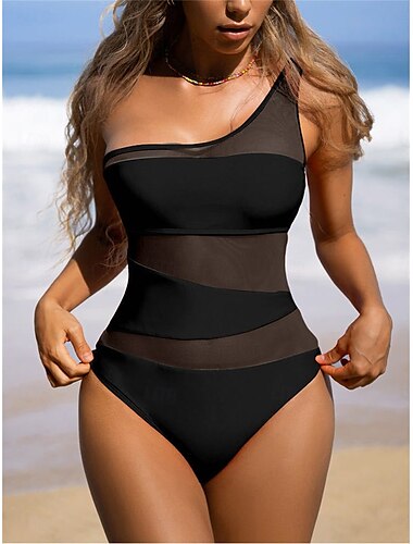  Women's Swimwear One Piece Swimsuit Backless Tummy Control High Waist Slim Vacation Beach Wear Solid Color Asymmetric Neck Sleeveless Bathing Suits