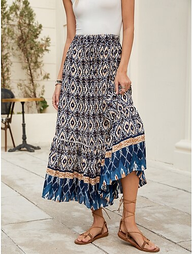 Dames Lange rok Bohemen Boho Lange Lengte Maxi Hoge taille Rokken Grafisch Kleurenblok Lapwerk Afdrukken Micro-elastisch Feestdagen Strand Marine Fuchsia Lente, Herfst, Winter, Zomer Polyester Viscose
