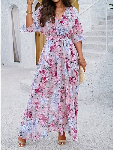  Dames Maxi-jurk Wikkeljurk Tule-jurk Vakantie Strandstijl Vakantie Dagelijks Strand Normale pasvorm Grafisch Halve mouw V-hals Wit Blozend Roze Koningsblauw blauw Zomer