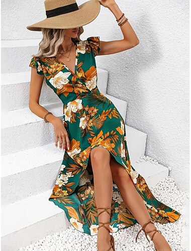  Femme Robe Maxi Robe casual Robe Trapèze Robe Débardeur mode Décontractées Vacances du quotidien Standard Floral Feuille Sans Manches Col V Vert Eté