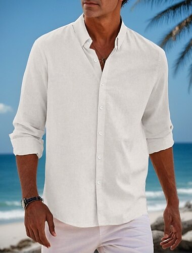  Hombre Clásico Camiseta de playa Camisa casual Estándar Manga Larga Diseño Color sólido Sabana de algodon Blanco Beige Gris 2025