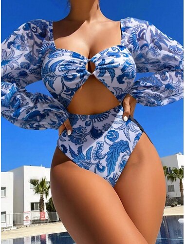  Femme Maillots de Bain Une pièce Monokini Maillot de bain Dos Nu Contrôle du Ventre Taille haute Mince Vacances Tenues de plage Floral Col V manche longue Maillots de bain