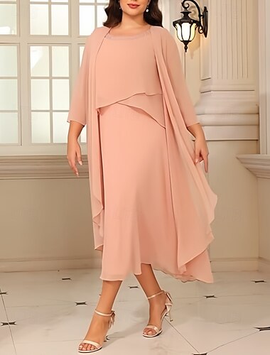  Zweiteilig A-Linie Brautmutterkleid Elegant Vintage Juwelenhals Tee-Länge Chiffon Dreiviertelarm mit Perlenstickerei 2025