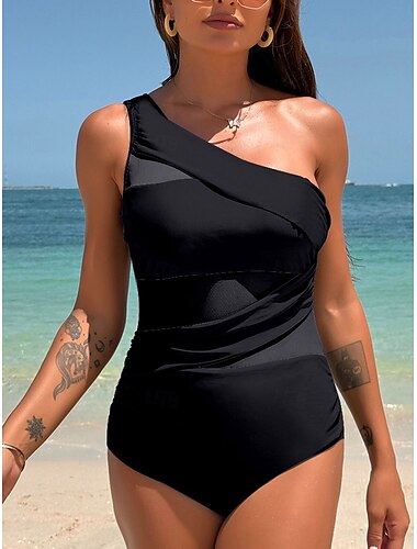  Damen Badeanzug Ein Stück Monokini Bademode Rückenfrei Bauchkontrolle Hohe Taillenlinie Urlaub Strandbekleidung Feste Farbe Asymmetrischer Hals Ärmellos Badeanzüge