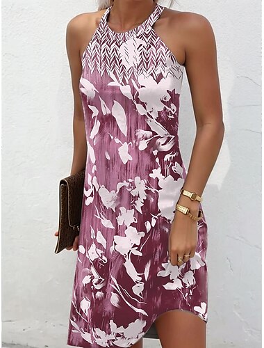  Damen Minikleid Casual kleid Sommerkleid Urlaub Brautkleider schlicht Täglich Regular Fit Blumen Graphic Ärmellos Halfterhals Rosa Blau Grün Sommer