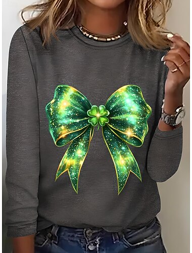  St. Patrick Damen T Shirt Kleeblatt Pflanzen Lässig Langarm Rundhalsausschnitt Normale Oberteile Täglich Druck Schwarz Weiß Blau Khaki Grau Frühling Herbst