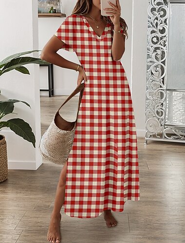  Ženské maxi šaty volné šaty sundress áčkový šaty stylové neformální dovolená každodenní klasické fit kostkované krátký rukáv V-výstřih červená jaro podzim