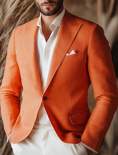  Chaqueta de blazer de lino para hombres abrigo deportivo moda casual de verano de color sólido amarillo naranja beige estándar de una sola fila de botones