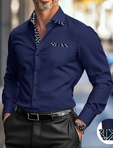  Herren Oberhemd Geometrisch Hochzeit Outdoor Schwarz Weiß Marineblau Blau Langarm Umlegekragen Sommer Frühling Bekleidung Patchwork