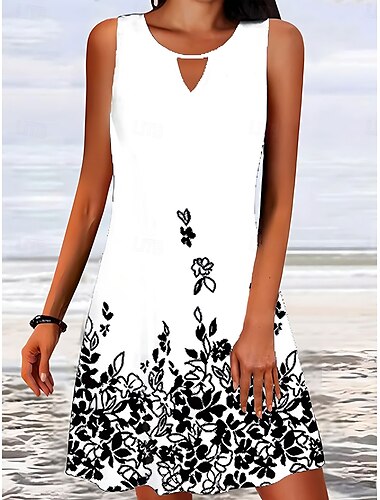  Damen Minikleid A Linie Kleid skims dress Schulterfreies Kleid Stilvoll Brautkleider schlicht Urlaub Täglich Regular Fit Blumen Ärmellos Rundhalsausschnitt Schwarz Weiß Wein Blau Sommer