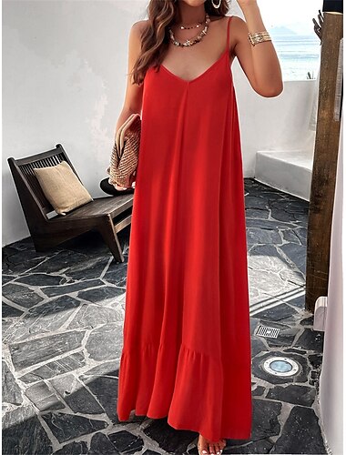  Robe Maxi Femme Robe d'Été Robe Slip Vacances Plage Vacances Couleur Unie Casual Quotidien Fit Libre Graphique Sans Manches Bretelle Noir Rouge Bleu Ciel Vert Été