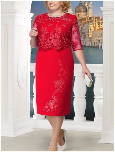  Damen Midikleid Spitzenkleid Figurbetontes Kleid Kleid mit Lochstickerei Geburtstag Cocktail Urlaub Täglich Regular Fit Glatt Halbe Ärmel Rundhalsausschnitt Rote Marineblau Blau Sommer