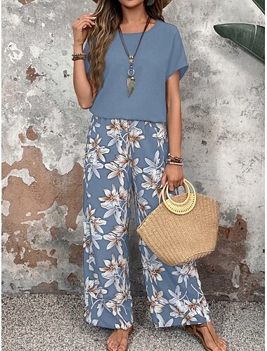  Women's Fashion Streetwear Daily T Shirt Wide Leg Pants Short Sleeve Crew Neck Floral Drawstring Casual Daily Black Navy Blue Green Summer Regular Fit