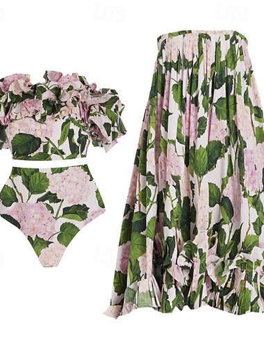  Femme Maillots de Bain Bikinis Trois pièces Jupe Maillot de bain Dos Nu Mince Vacances Tenues de plage Floral Epaules Dénudées Sans Manches Maillots de bain