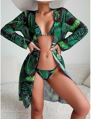  Mulheres Roupa de Banho Biquíni Três Peças Cavado roupa de banho Frente Única Delgado Férias Roupa de Praia Folhas Halter pescoço Manga Longa Fatos de banho