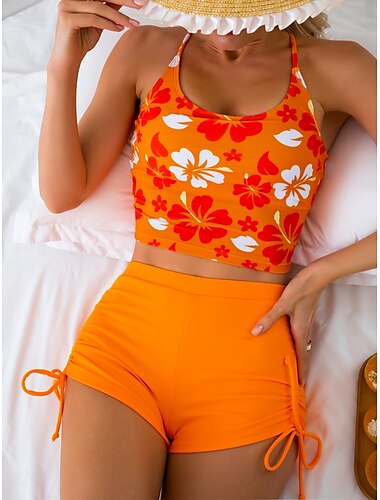  Damenbadeanzüge Bikini 2 Teile Shorts Badeanzug Rückenfrei Schlank Urlaub Strandbekleidung Blumen U-Ausschnitt Ärmellose Badeanzüge