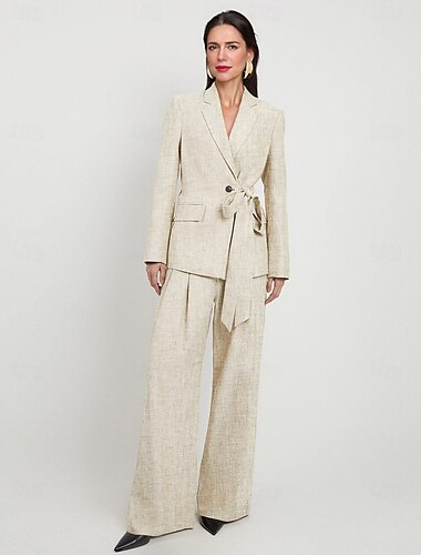  Jumpsuit  Hosenanzug Mutter der Braut Leinengemisch Blazer Set Elegant Vintage Einfach Mit Revers Bodenkabellang Lange Ärmel mit Schleife(n) Knöpfen 2025
