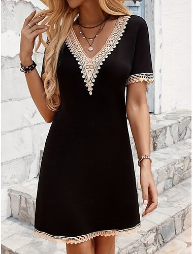  Dames Mini-jurk Casual jurk Stijlvol Casual Vakantie Dagelijks Normale pasvorm Effen Kleur Korte mouw V-hals Zwart Zomer