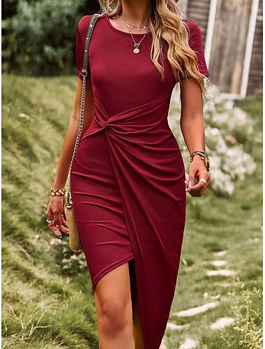  Damen Mini Kleid Wickelkleid T-Shirt Kleid Tee Kleid Unifarbenes Bodycon Kleid Lässig Urlaub Daily Regular Fit Grafik Kurzarm Rundhals Schwarz Pink Wein Blau Sommer