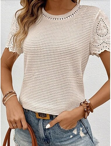  Dames T-shirt Effen Modieus Modern Casual Korte mouw Strakke ronde hals Normale tops Dagelijks Weekend Lapwerk Wit Zomer Lente