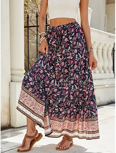  Damen Rock A-Linie Schaukel Böhmen Brautkleider schlicht Maxi Hoher Taillenbund Röcke Blumen Bedruckt Mikro-elastisch Strasse Täglich Rosa Rote Grün Sommer Polyester