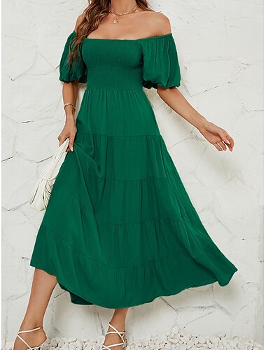  Robe Midi Femme Robe En A Ligne Robe Couleur Unie Robe de Laitière Robe Off The Shoulder Robe À Manches Bouffantes Vacances Vacances Quotidienne Coupe Régulière Unie Sans Manches Col en V Noir Vert