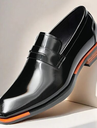 Schwarze Slipper aus hochwertigem Rindsleder für Herren mit kontrastierendem orangefarbenem Akzent, formeller Stil für Business und besondere Anlässe