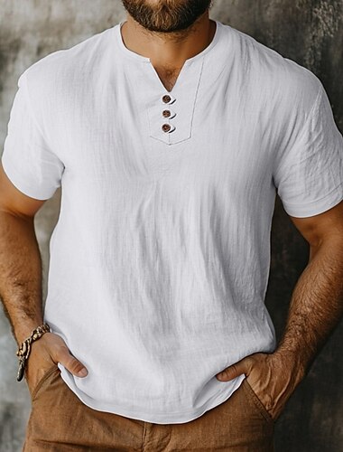  Homens Camisa Henley Camiseta de algodão e linho T-shirt Manga Curta Decote V Verão Côr Sólida Moda Designer Confortável Botões Ao ar livre Casual Diário Preto Branco Azul Marinha Top Tee para Homens