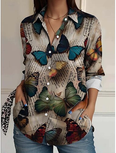  Mujer Camisa Floral Casual Manga Larga Cuello Camisero Tops regulares Trabajo Diario Botones Estampado Rojo Marrón claro Azul Piscina Primavera Otoño Invierno