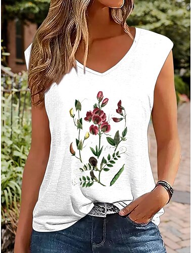  Damen Spaghetti-Top floral stilvoll lässig kurzärmelig V-Ausschnitt reguläre Tops Alltag Druck Weiß Hellgrün Sommer