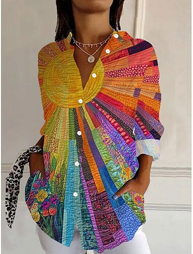  Dames Overhemd Ombre Casual Lange mouw Overhemdkraag Normale tops Werk Dagelijks Knop Afdrukken Oranje Lente Herfst Winter