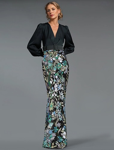  Футляр В пол Выпускные платья Вечернее платье С пышной юбкой Торжественное платье Элегантный стиль Цветовые блоки Высокий раскол Длинный рукав V-образный вырез Официальные Свадьба Стретч-сатин Пайетки