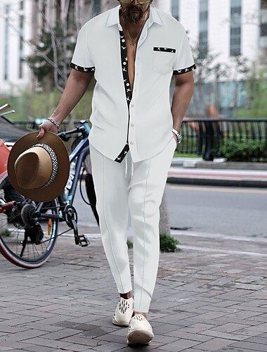  Hombre Camisa de gofres 2 Piezas Conjunto de camisa conjunto de verano Conjuntos a juego Camisa casual Plano Vacaciones Diario Negro Blanco Rojo Verde Trébol Manga Corta Cuello Verano Ropa