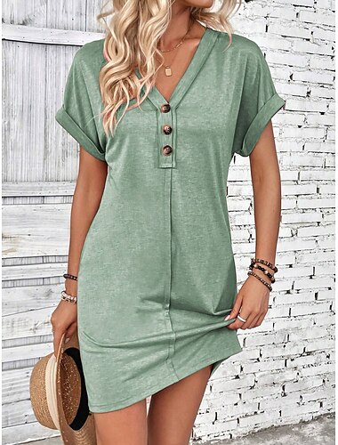  Damen Minikleid schwarzes kleid Strickkleid Casual kleid Basic Brautkleider schlicht Urlaub Täglich Regular Fit Glatt Kurzarm V Ausschnitt Salbeigrün Schwarz Rosa Wein Sommer Frühling