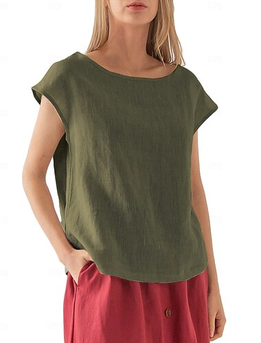  Damen Hemd Bluse Baumwoll-Leinen-Hemden Einfarbig Basic Lässig Kurzarm Rundhalsausschnitt Normale Oberteile Täglich Schwarz Weiß Rosa Armeegrün Blau Sommer
