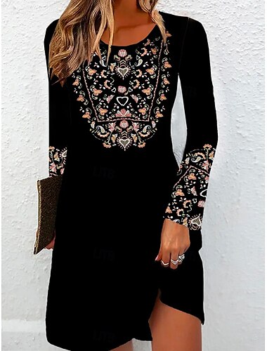  Femme Mini robe Robe casual Robe t-shirt Décontractées du quotidien Standard Graphic manche longue Col Ras du Cou Noir Automne Hiver