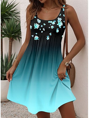  Damen Mini-Kleid Petite Kleid A-Linie Kleid Tank-Kleid Sommerkleid Urlaub Stilvoll Freizeit Urlaub Alltag Reguläre Passform Ombre Floral Grafik Kurzärmlig Rundhals Pink Blau Grün Sommer