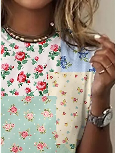  Women's T Shirt Floral Color Block Casual Short Sleeve Round Neck Regular Tops Daily Print Green Summer