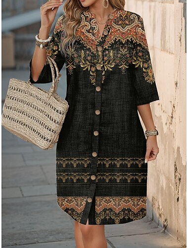  Femme Mini robe Robe casual mode basique Décontractées Vacances du quotidien Standard Floral Graphic Manches 3/4 Col V Orange Eté Printemps