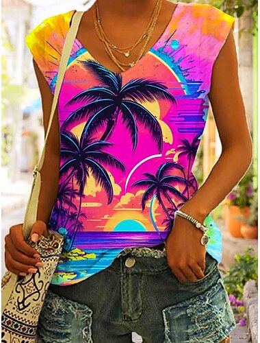  Damernas linne top blad stilren casual ärmlös axelband normal toppar daglig tryck rosa sommar