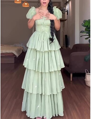 Damen Maxikleid Korsett Kleid A-Linie Kleid Unifarbenes Bäuerin Kleid Puffärmel Kleid Urlaub Urlaub Daily Regular Fit Floral Kurzarm quadratischer Ausschnitt Grün Sommer