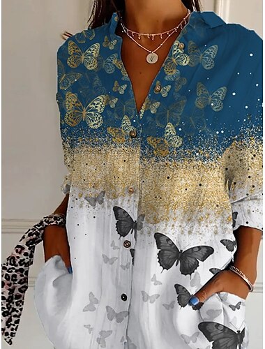  Damen Shirt Ombre Grafischer Schmetterling Täglich Stilvolles Retro Vintage 3/4 Länge Ärmel Shirtkragen Reguläre Tops Täglich Ferien Ausgehen Knöpfe Blau Sommer Frühling