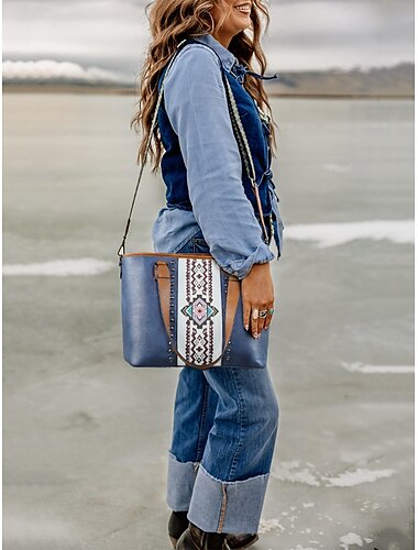  Western-Boho-Tragetasche für Damen – Handtasche aus Kunstleder mit Stammesstickereien und Nietenakzenten für Freizeit, Reisen und den täglichen Gebrauch blau
