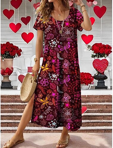  Per donna Vestito maxi Abito casual Abiti Boho Chic Boemia Vintage stile sveglio Da mare Giornaliero Spiaggia Standard Pop art Manica corta Girocollo Fucsia Estate Primavera