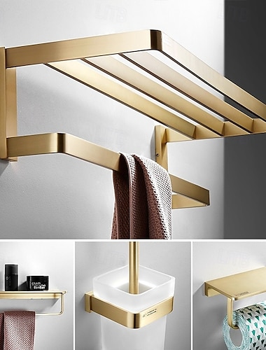  handdoekhouder van geborsteld messing, handdoekrek voor in de badkamer, handdoekhouder voor aan de muur, badkameraccessoires van messing, badkamerplank, handdoekhouder, handdoekrek, badkamerbeslag