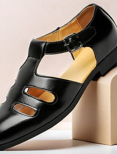  sandálias masculinas pretas de couro sintético tipo pescador com tira de fivela e design recortado, elegantes e confortáveis para uso casual, ao ar livre e no verão